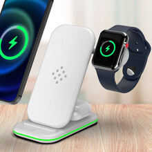 绿佰能 15W三合一无线充电器支架适用iPhone12Pro苹果Xr 11多功能耳机手表折叠手机支架 白色-苹果-15W三合一