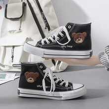 刺绣小熊高帮帆布鞋女学生小白鞋2021春夏季韩版休闲布鞋板鞋女ins潮 黑色 36