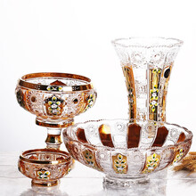 珍藏版珐琅花水晶玻璃水果盘果斗花瓶糖缸干果零食盒客厅装饰品 带盖糖盅 17cm