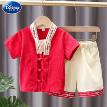 迪士尼品牌童装男童汉服棉麻夏套装唐装儿童古装公子复古风宝宝幼儿小少爷中国风小男孩舒适夏天不热 红色汉服套装 90