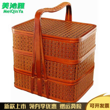 外卖餐盒木质多层酒店竹编饭盒提篮中式提盒大号手提食盒 加大款(45*32)带漆款