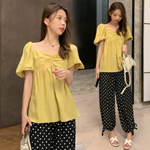 小兀 孕妇装套装夏季夏款孕妇套装孕妇两件套外出外穿宽松大码孕妈装 黄色+波点裤 M