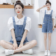 书果 孕妇装夏装2021新款短袖露肩孕妇T恤背带裤两件套潮妈时尚孕妇套装 背带裤加白色衬衣 XL