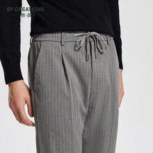 By Creations柏品单褶条纹九分裤男装商务休闲裤子男中高腰显高时尚百搭男便裤 灰色 M