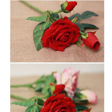 绒布如意玫瑰仿真花假花婚庆用品家居装饰绢花 绒布3头玫瑰大红色