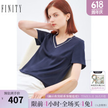 FINITY2022春季新款时尚蕾丝雪纺女纯色显瘦气质V领套头上衣女 藏蓝色 S