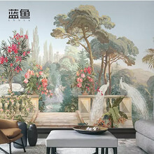 蓝鱼（LANYU）美式宫廷孔雀古马电视背景墙壁纸手绘花鸟风景森林墙纸定制墙布壁画 加厚整张-无纺布