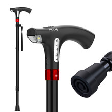 康诺利 老人拐杖多功能智能老年拐棍大四脚可伸缩助行器带灯收音机MP3音乐手杖铝合金折叠 手动报警照明-单脚防滑