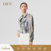 OVV【爱情而已同款】OVV2022春夏新款女装真丝雪纺大飘带休闲衬衫 绿灰花纹16 XS