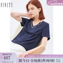 FINITY2022春季新款时尚蕾丝雪纺女纯色显瘦气质V领套头上衣女 藏蓝色 S