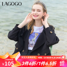 lagogo拉谷谷2022春季新款黑色西装领气质通勤双排扣外套女高级感 黑色(W1) 165/L/40