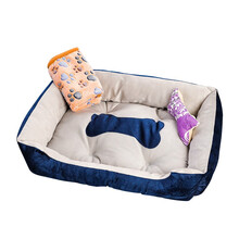 澳美滋 狗窝 猫窝四季通用猫狗垫子带凉席带毯子可水洗宠物用品金毛泰迪萨摩耶大中小型狗垫子 蓝色（带毛毯+骨头玩具） XXS(45*30*15cm)