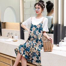 郁莎 孕妇套装2021新款外出时尚款潮妈短袖上衣吊带连衣裙两件套孕妇装 花色套装 XL
