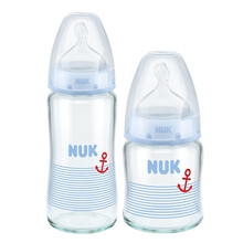 NUK宽口径玻璃奶瓶婴儿宝宝新生儿奶瓶配防胀气自然实感配硅胶奶嘴1号0-6月中圆孔 蓝色240ml+赠120ml