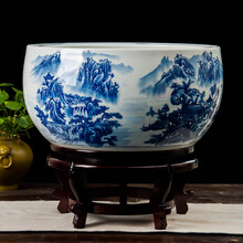 陶瓷器鱼缸荷花盆手绘养鱼乌龟缸睡莲金鱼缸客厅独立式摆件 写意山水中号