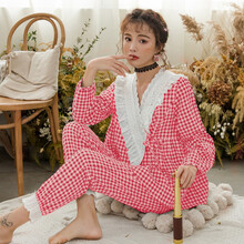 朴源 月子服哺乳喂奶衣套装 春夏孕妇睡衣 8319蕾丝红格子 M建议（90-115斤）