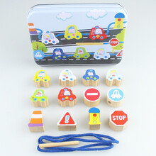 儿童玩具 木质串珠 宝宝穿珠子穿线穿绳 婴儿早教木制玩具 12粒铁盒装串珠-交通工具