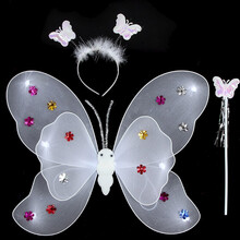 盛泉六一儿童节表演天使羽毛蝴蝶翅膀公主四件套魔法棒裙子可爱儿童道具舞蹈演出服装 白色双层三件套