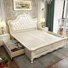 雨中漫步实木床欧式双人床白色现代简约橡木床1.5米1.8米2.0米双人美式婚床卧室公主高箱储物床 单床【六色可选】 1800mm*2000mm 箱框结构