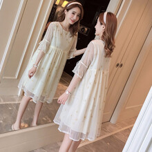 孕妇装夏装2019新款网纱孕妇连衣裙中长款时尚潮妈孕妇裙子夏季 杏色 M