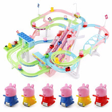 网红抖音粉红小猪佩琪自动爬楼梯电动火车拼接轨道车玩具佩奇滑滑梯儿童玩具楼梯爬梯 usb版  大号  六只猪