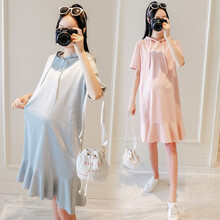 孕妇装夏装外出2019新款孕妇连衣裙中长款时尚潮妈孕妇套装夏季宽松透气孕妇裙子 浅蓝色 M