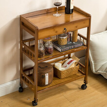 九夫人厨房可移动置物架实木落地多层收纳架储物架带轮子小车美容院化妆品整理架子  茶色款带抽护栏推车