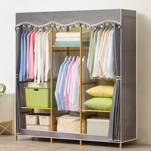 淘之良品 简易实木质布衣柜现代简约组装加厚加粗组合收纳衣橱布艺柜子收纳柜加固挂衣柜 150cm款-深灰