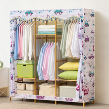 木马人 简易实木质布衣柜现代简约衣帽架组装加厚加粗组合宿舍收纳衣橱布艺柜子收纳柜加固挂衣柜 150cm款-卡通汽车【带隔层垫】