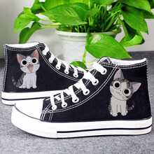 高帮儿童帆布鞋女童夏季新款公主鞋透气平底鞋夜光荧光布鞋小女孩板鞋手绘涂鸦学生鞋子 中帮黑呆萌猫 36（23CM）