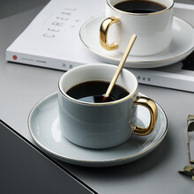 半房 创意咖啡杯套装家用牛奶早餐杯欧式陶瓷水杯下午茶杯碟组 金边粉色杯碟+咖啡勺