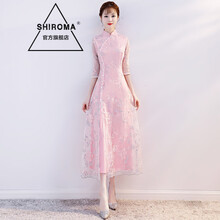 SHIROMA 轻奢潮牌改良版旗袍式连衣裙夏款女长款优雅中袖新式年轻款中国风少女 粉底灰色刺绣 S