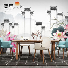 蓝鱼(LANYU)3D立体新中式墙纸水墨山水江南徽派建筑电视沙发背景墙壁纸客厅墙布壁画 透气整张-无纺布