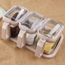 金熊 3组调料盒340ML四方玻璃调味罐调料瓶调料罐套装带置物架 盐罐大号调料缸佐料罐盐盒 杏色JC360