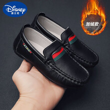 迪士尼严选品质 男童皮鞋黑色英伦2021新款小学生幼儿园儿童演出鞋真皮女童豆豆鞋 903135黑色【棉鞋】 26/内长16.6cm