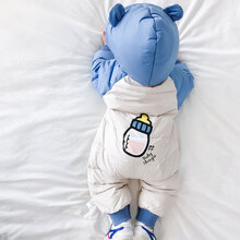 婴儿羽绒服连体衣婴儿羽绒服9冬装女0-1一2岁外出抱衣3保暖6个月男宝宝8连体衣冬季 米色+蓝色 66cm