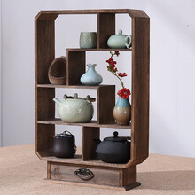 憨娃实木桌面摆架博古架置物架摆件展示架中式多宝阁紫砂壶茶具架茶壶架古董架茶架茶棚台面上收纳架文玩层架 咖啡色 42.5长*13CM深*65CM高