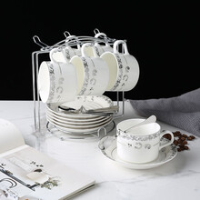 一淘一陶 欧式陶瓷咖啡杯碟套装陶瓷咖啡杯小奢华简约杯碟带架子托碟勺子19件套情侣水杯6杯6碟6勺1架 JD－新直身咖啡杯银色花边6杯碟