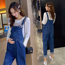 孕妇装春秋装纯棉牛仔孕妇背带裤秋季时尚2020新款套装春秋款外穿潮妈牛仔裤套装 牛仔蓝背带裤【单件裤子】 L【适合约120-140斤】