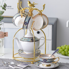 波西米亚风格陶瓷咖啡杯英式茶具描金陶瓷下午茶具配碟勺 6杯6碟6勺1矮壶1鸟笼架子