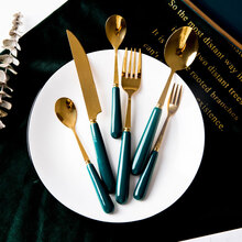 北欧网红牛排刀叉勺高档西餐餐具盘子套装全套三件套家用不锈钢 祖母绿-刀叉勺5件套
