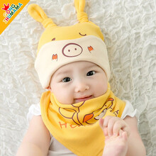 婴儿帽子新生儿胎帽宝宝帽子三角巾套装4件套口水巾卤门帽围嘴口水兜围兜围巾围脖 MS80 睡觉猪4件套(红色+黄色)