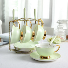 【品质好物】咖啡杯套装欧式小陶瓷杯创意金边下午茶具杯带勺送咖啡杯架 绿色4杯碟+勺+架普通装