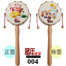 拔浪鼓 生肖猪婴儿拨浪鼓 原木手柄货郎鼓牛皮摇鼓初生儿童木质玩具手鼓 猪004:原木手柄 拨浪鼓1只
