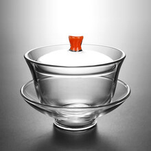 极简造物 玻璃三才盖碗茶杯泡茶碗大号功夫茶具加厚三才碗杯套装 橘红色盖钮款100ML