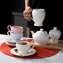 穆尼生活 浮雕蕾丝咖啡杯碟壶套装欧式小奢华带盖家用茶杯马克杯 公主咖啡杯-粉色