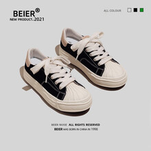 BEIER少女粉色厚底帆布鞋女学生日系可爱贝壳头溶解鞋板鞋百搭ins 60076黑色 35