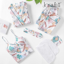 娇银月子服春秋纯棉产后孕妇睡衣秋季产妇哺乳喂奶家居服五件套装 和服五件套 M（适合体重120斤以内）