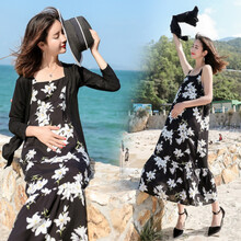 孕妇装夏季两件套孕妇连衣裙宽松大码针织外套+棉吊带孕妇裙春夏春装外出时尚潮妈夏天春秋春装外穿上衣套装 黑色 L