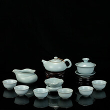 申道台湾手工汝窑茶具套装开片整套功夫茶具陶瓷汝瓷茶具套装/富贵套组 11头装